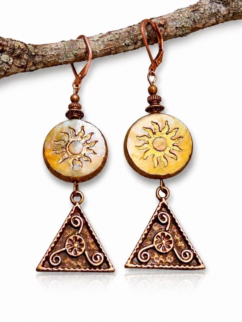 Czech Glass Yellow Sun Earrings, Antique Copper Celestial Boho Dangles